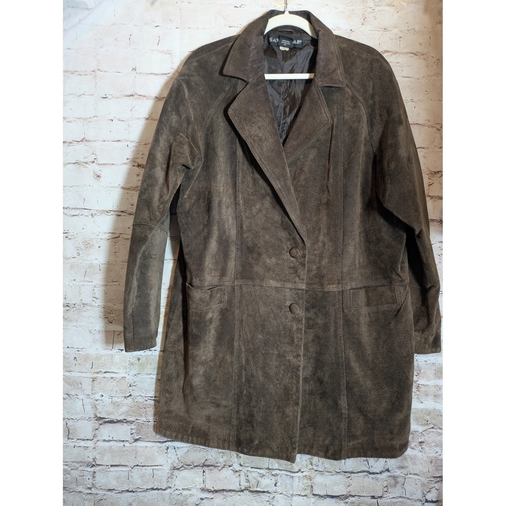 Vintage Savannah Suede Leather Car Coat Women's Large In Dark Chocolate Pockets
